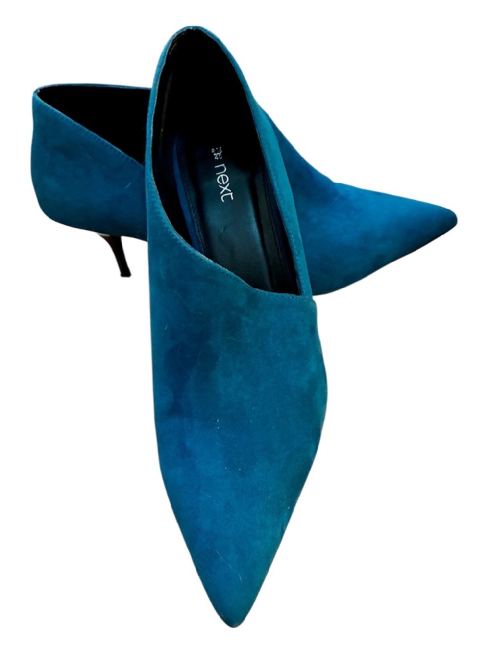 Next Teal Blue Suede Pointed Toe V-Cut Kitten Heel Ankle Booties Size US 9 - Picture 4 of 10